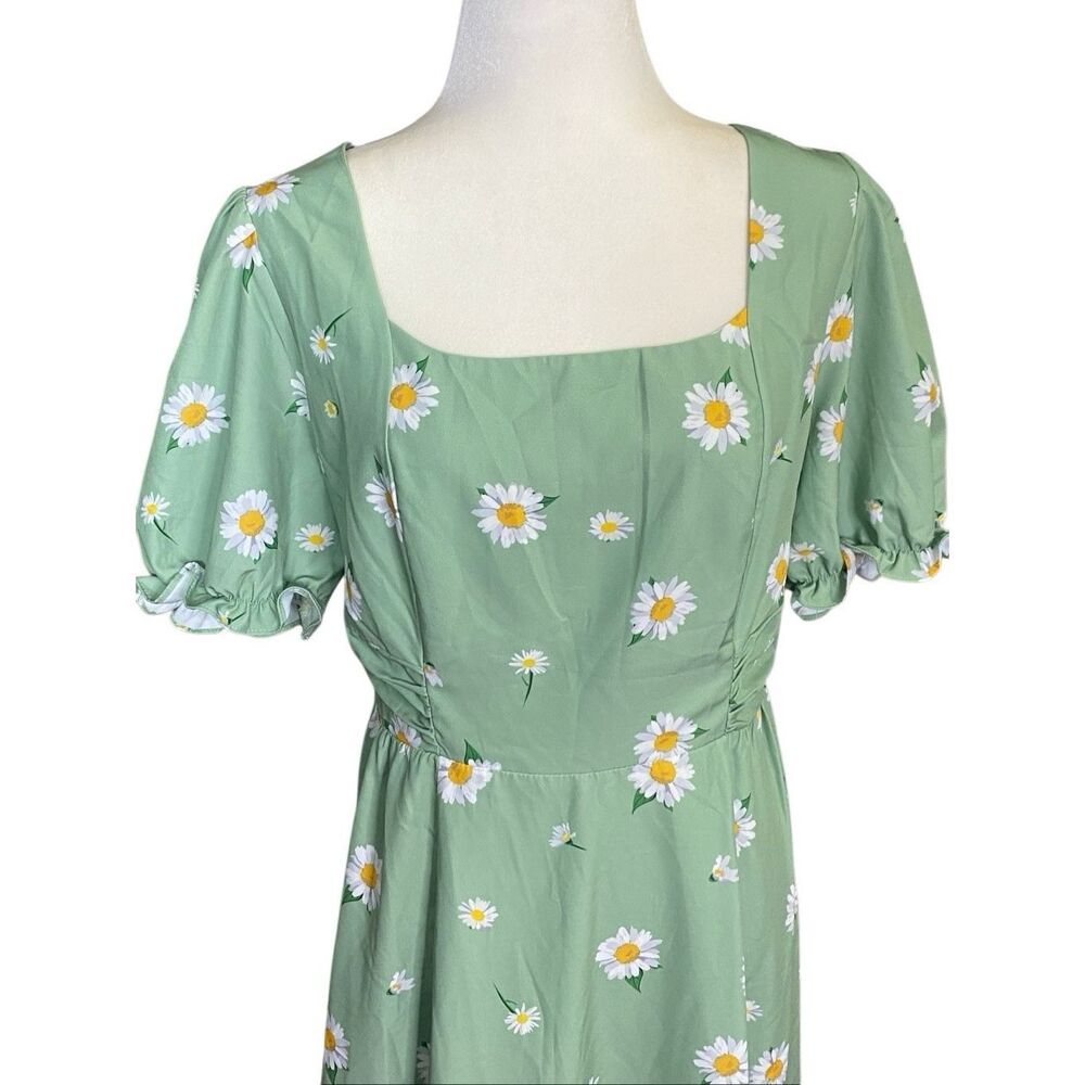 Belle Poque A Line Fit & Flare Green Daisy Midi Dress Womens XL Pockets Smocked - Picture 5 of 9